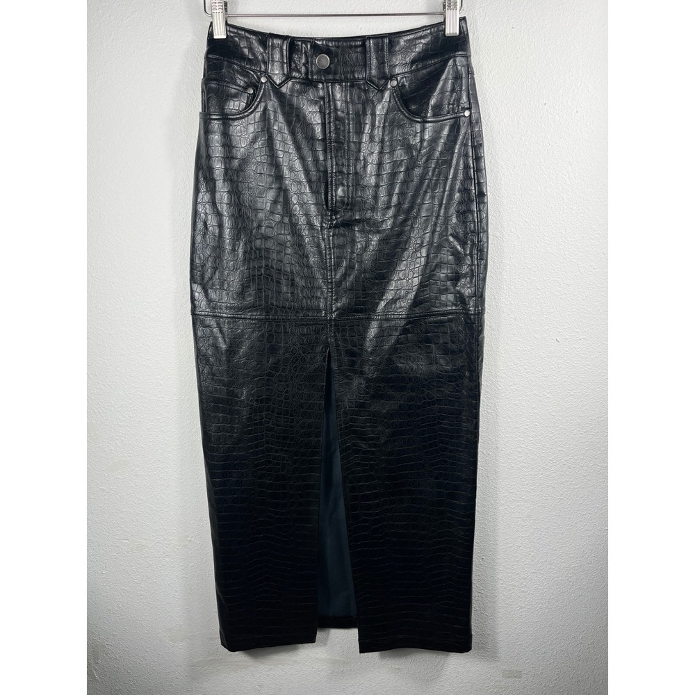 Open Edit Women Skirt Black 4 Faux Leather Croc Embossed Midi Front Slit Pencil